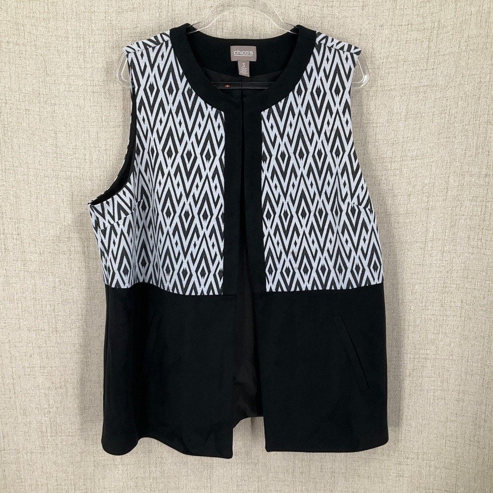 Chico's‎ Vest Women 3 XL Black White Faux Suede Geometric Jacquard Open Front